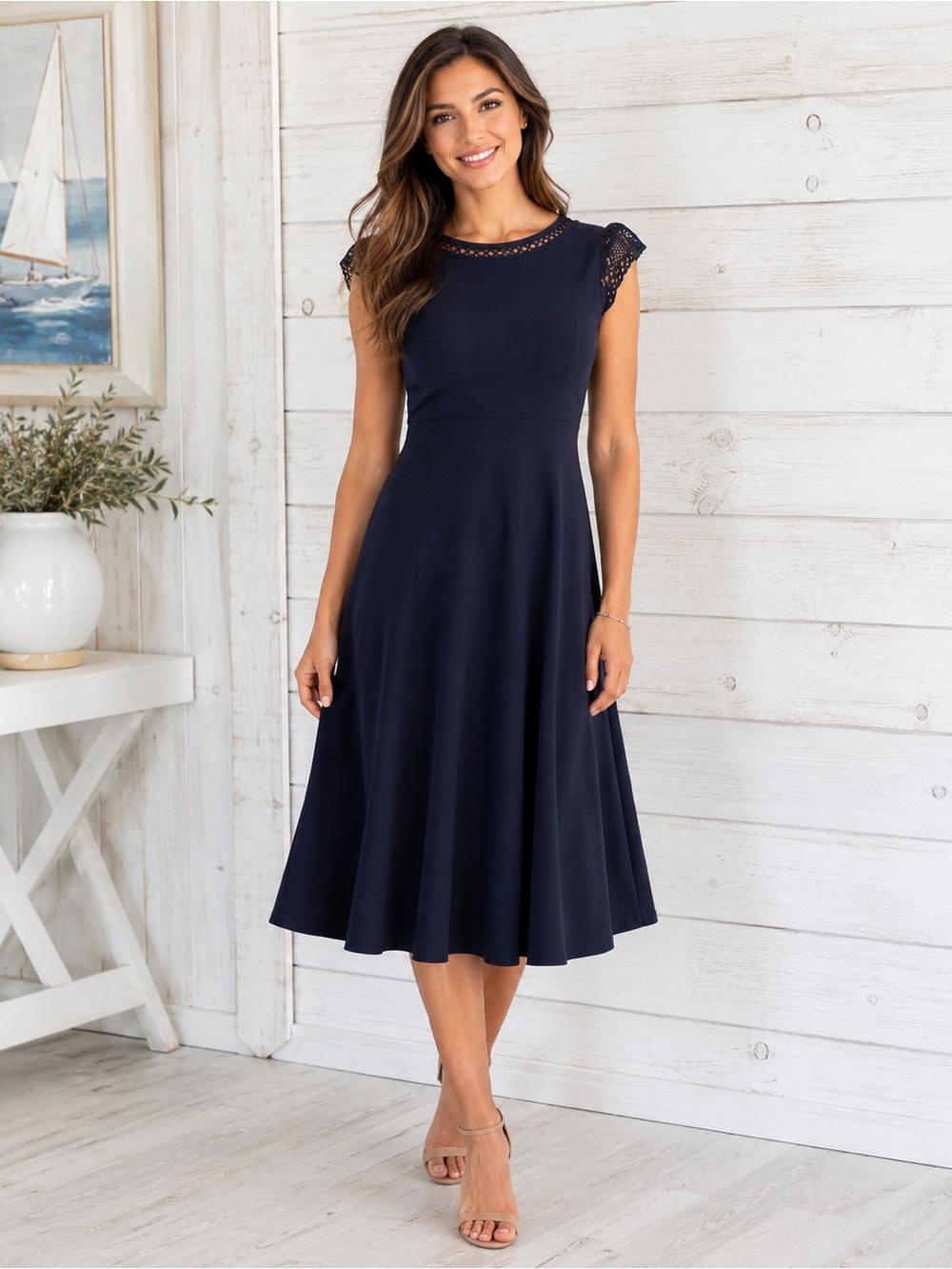 Talbots Navy Midi Dress with Lace Cap Sleeves